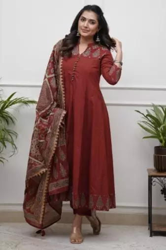brick red heritage embroidered kurta set
