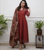 brick red heritage embroidered kurta set