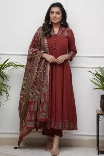 brick red heritage embroidered kurta set