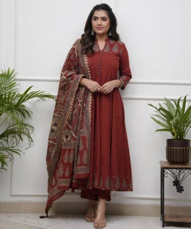 brick red heritage embroidered kurta set
