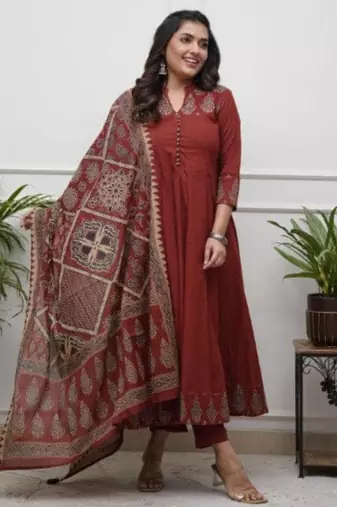 brick red heritage embroidered kurta set