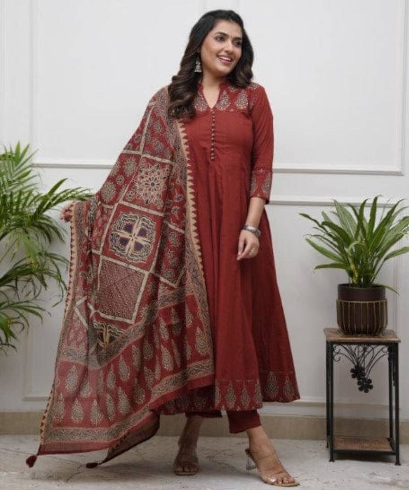 brick red heritage embroidered kurta set