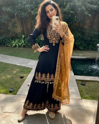  black silk blend embroidered kurta set  1