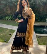  black silk blend embroidered kurta set 