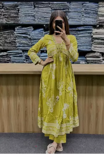 light green cotton printed kurta set 