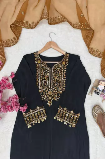  black silk blend embroidered kurta set 