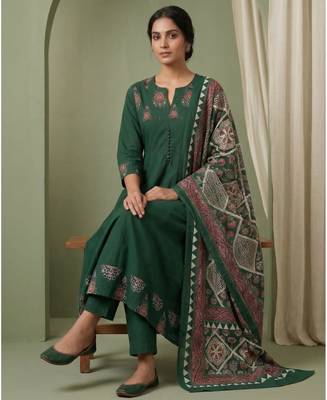 dark green cotton kurta set with kalamkari print dupatta 2