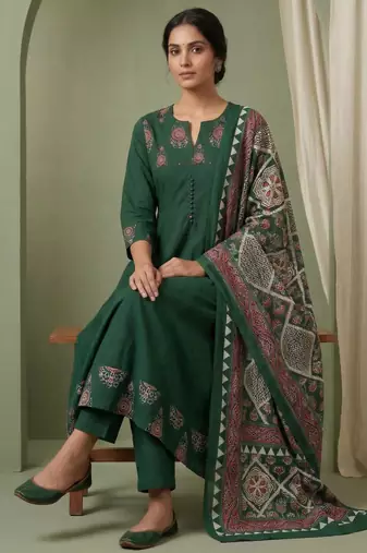 dark green cotton kurta set with kalamkari print dupatta