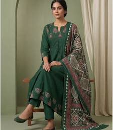 dark green cotton kurta set with kalamkari print dupatta