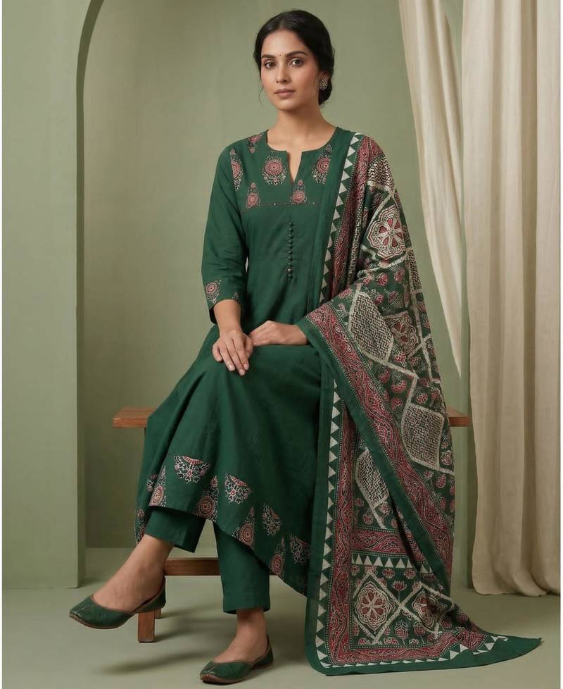 dark green cotton kurta set with kalamkari print dupatta