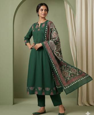 dark green cotton kurta set with kalamkari print dupatta 1