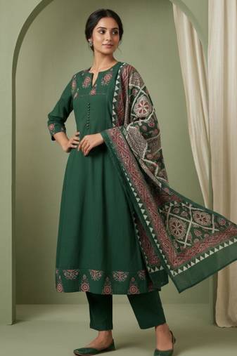 dark green cotton kurta set with kalamkari print dupatta