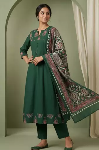 dark green cotton kurta set with kalamkari print dupatta