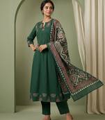 dark green cotton kurta set with kalamkari print dupatta