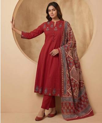 brick red cotton kurta set with kalamkari print dupatta 1