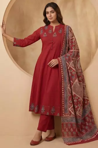 brick red cotton kurta set with kalamkari print dupatta