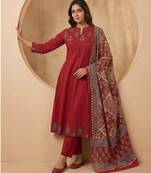 brick red cotton kurta set with kalamkari print dupatta