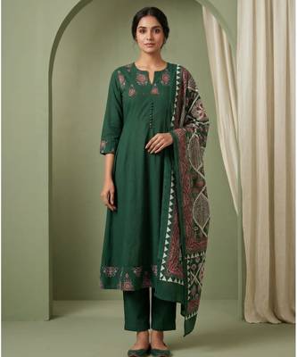 dark green cotton kurta set with kalamkari print dupatta 3