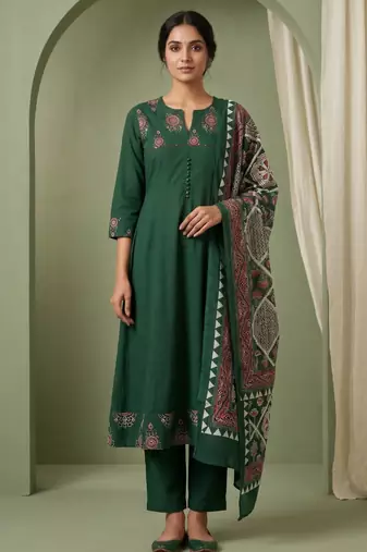 dark green cotton kurta set with kalamkari print dupatta
