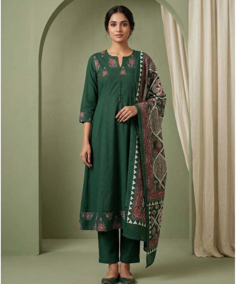 dark green cotton kurta set with kalamkari print dupatta