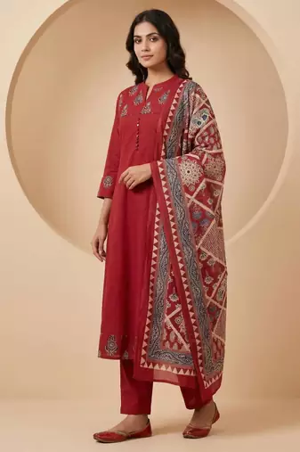 brick red cotton kurta set with kalamkari print dupatta