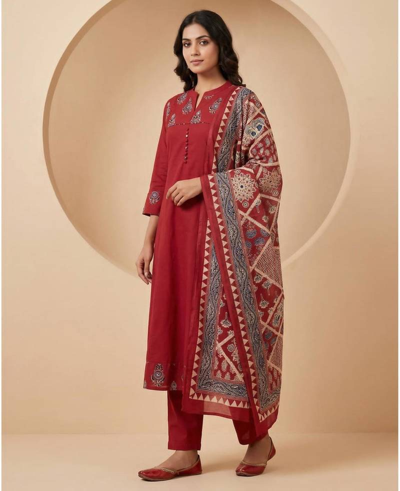brick red cotton kurta set with kalamkari print dupatta