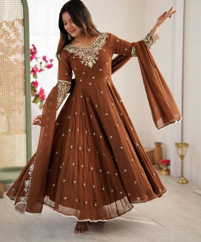 rust brown georgette anarkali kurta set