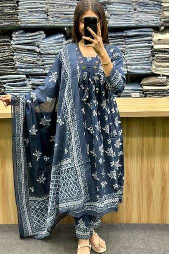 Teal blue kurta with silver foil highlights