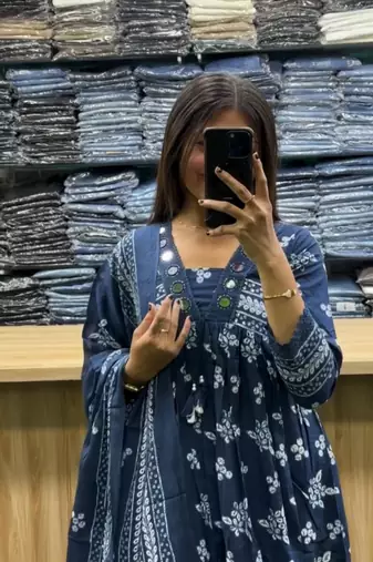 Teal blue kurta with silver foil highlights
