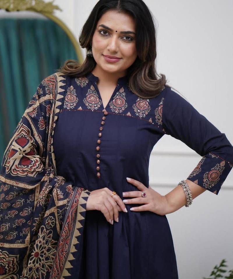 royal blue cotton kurta set with kalamkari print dupatta