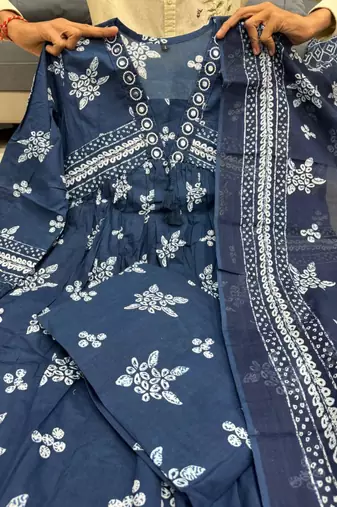 Teal blue kurta with silver foil highlights