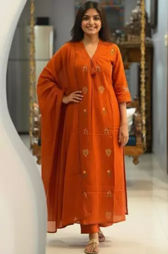 Rust cotton kurta with floral embroidery and dupatta