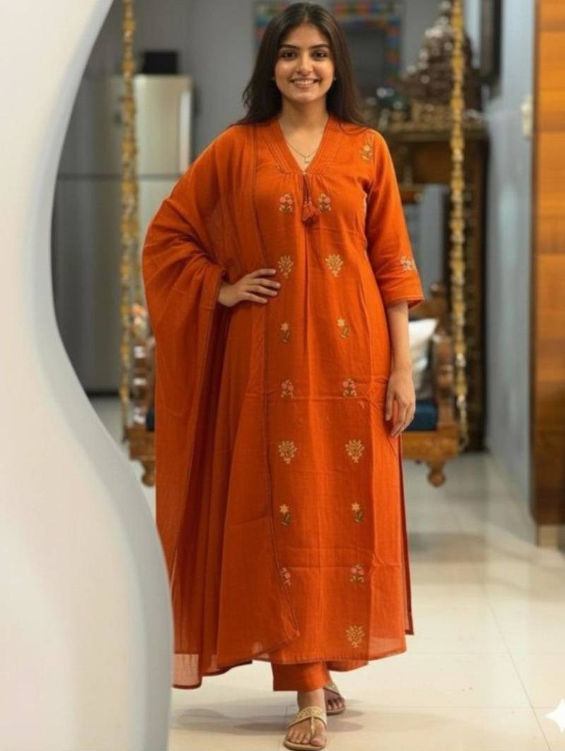 Rust cotton kurta with floral embroidery and dupatta