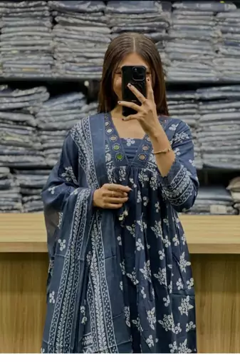 Teal blue kurta with silver foil highlights