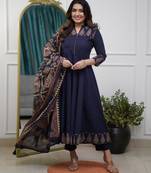 royal blue cotton kurta set with kalamkari print dupatta