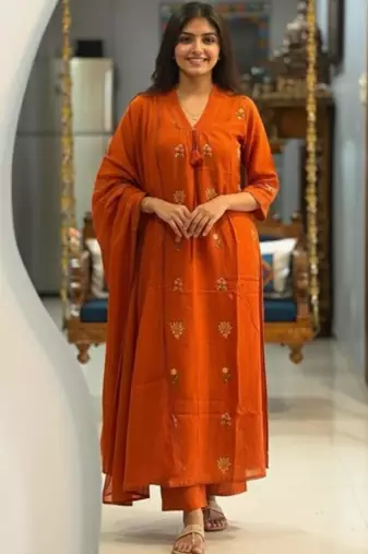 Rust cotton kurta with floral embroidery and dupatta