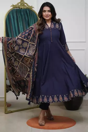 royal blue cotton kurta set with kalamkari print dupatta
