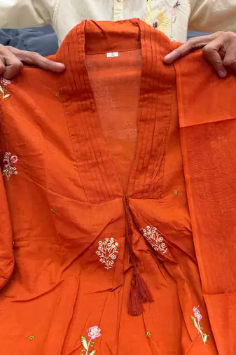 Rust cotton kurta with floral embroidery and dupatta