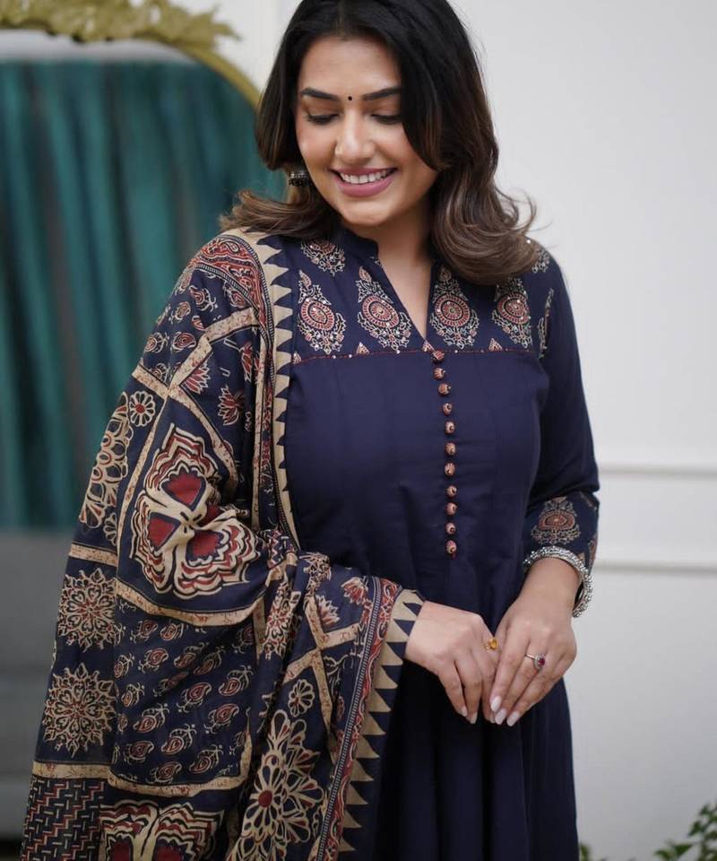 royal blue cotton kurta set with kalamkari print dupatta