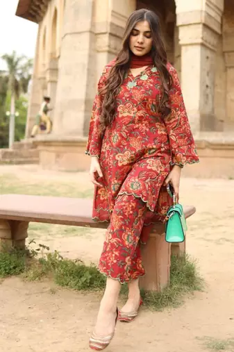 red floral scalloped co-ord set 