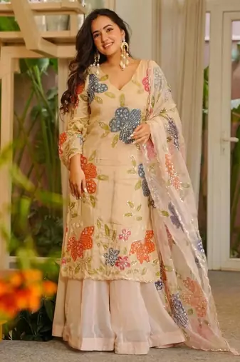 peach floral embroidered kurta set