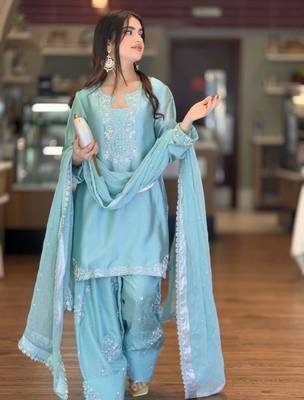 sky blue embroidered patiala suit set 1