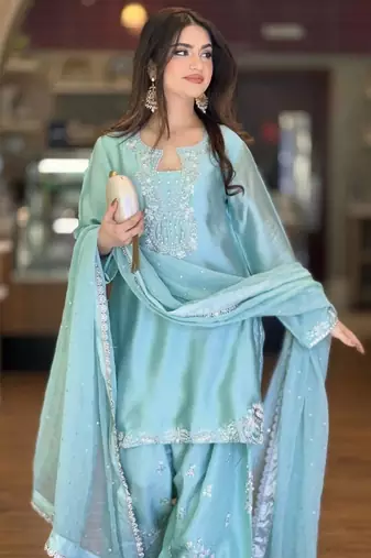 sky blue embroidered patiala suit set