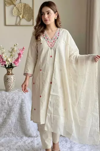 white floral embroidered cotton suit
