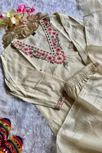 white floral embroidered cotton suit