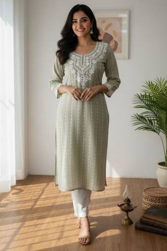 Light olive botanical embroidered kurta with keyhole detail