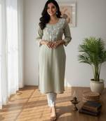 Light olive botanical embroidered kurta with keyhole detail