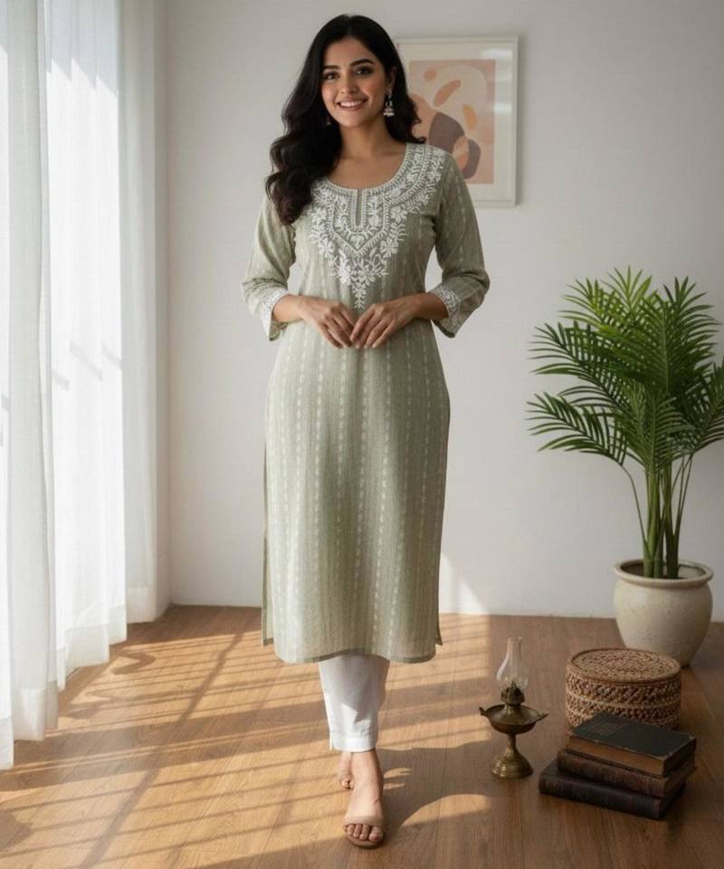 Light olive botanical embroidered kurta with keyhole detail