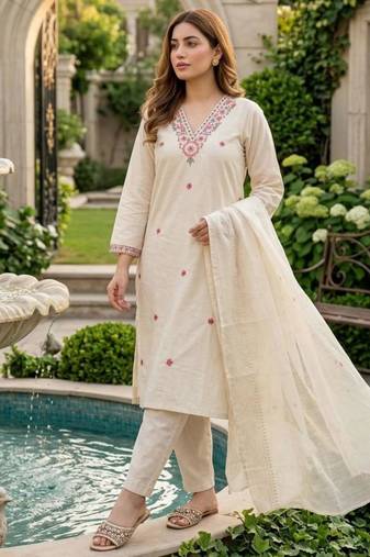 white floral embroidered cotton suit