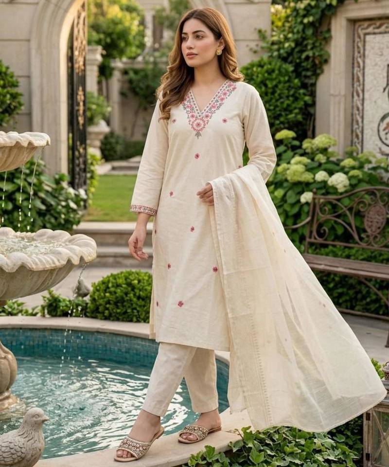 white floral embroidered cotton suit